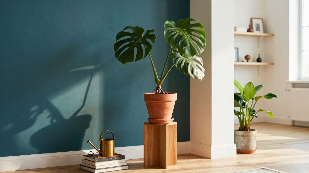 Planta monstera em vaso de barro sobre pedestal de madeira com regador dourado ao lado numa sala iluminada.