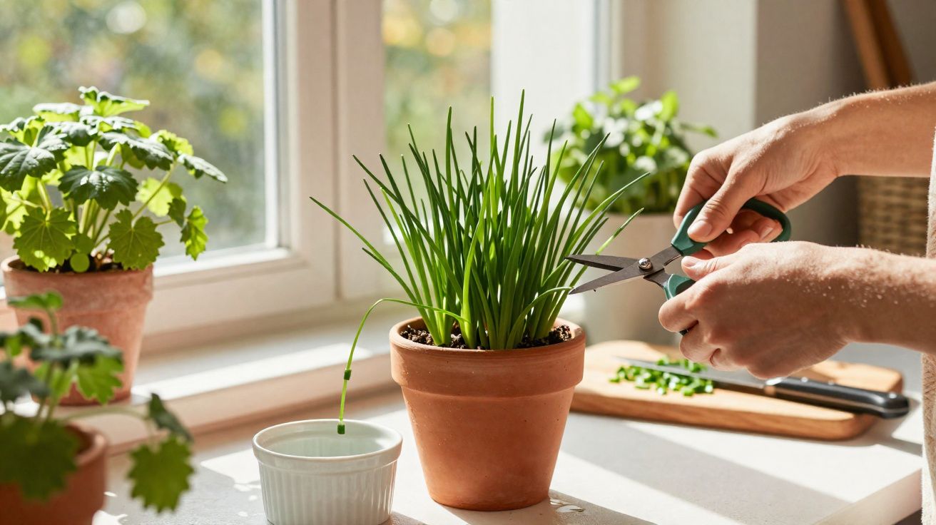 Mãos a cortar cebolinho em vaso junto à janela, com outras plantas em vasos no parapeito iluminado.