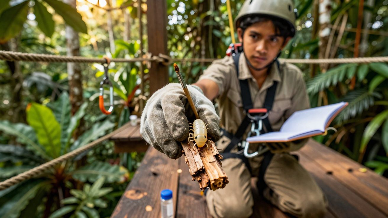 Pessoa com luva a segurar inseto sobre pedaço de madeira, em ambiente natural com vegetação densa.