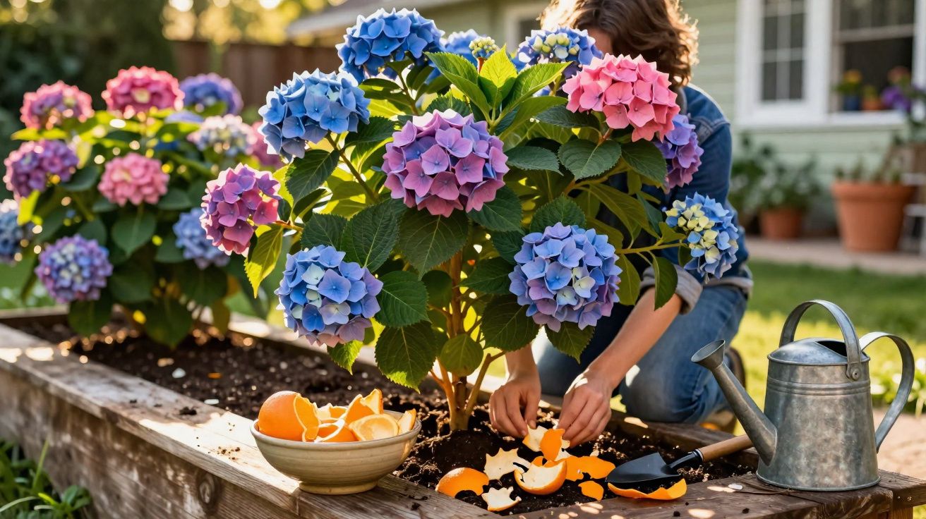 Pessoa a cuidar de hortênsias cor-de-rosa e azul num canteiro elevado ao ar livre ao entardecer.