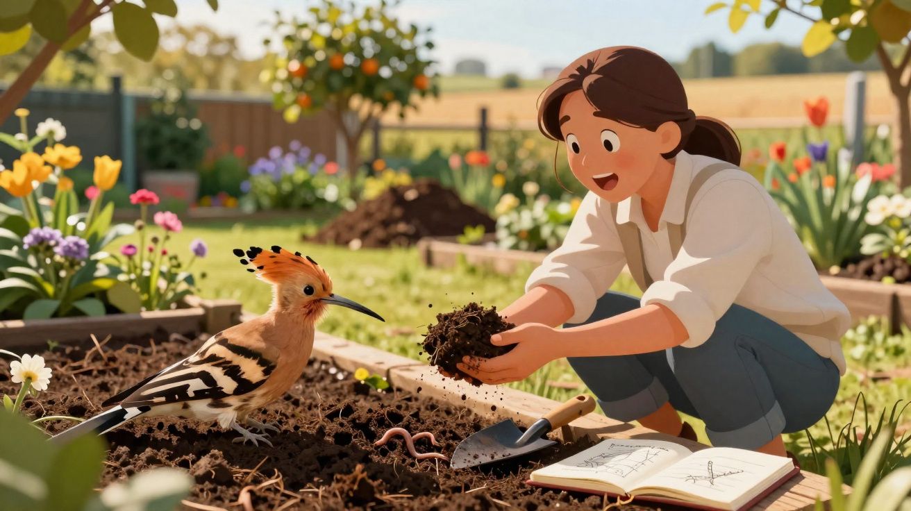Pessoa a sorrir enquanto cuida da terra num jardim com pá e pássaro em destaque.