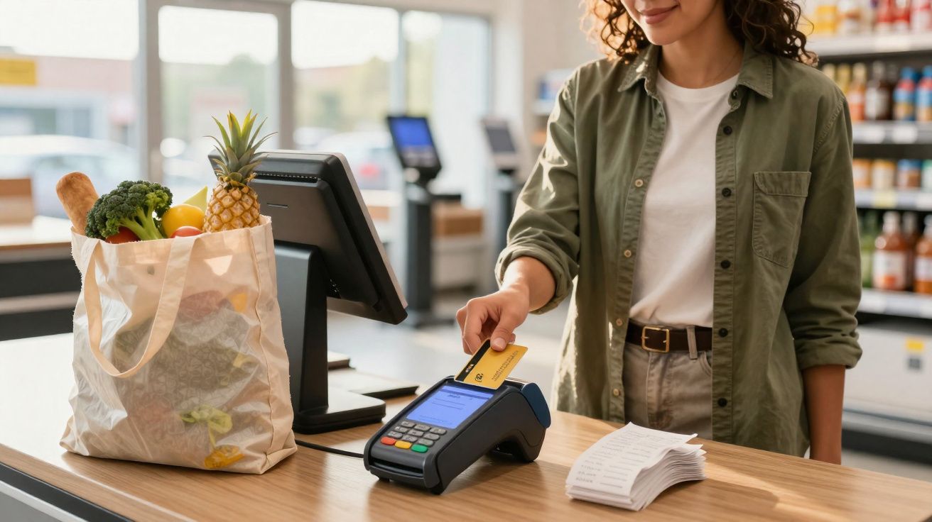 Mulher a pagar com cartão num terminal pago em supermercado com saco de compras cheio de frutas e legumes.