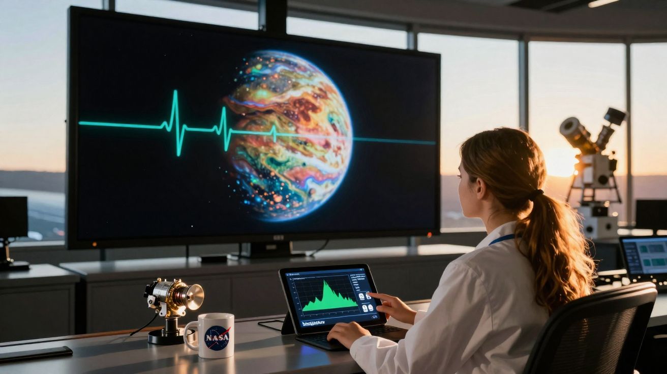 Cientista no laboratório a analisar dados num tablet, atrás ecrã mostra planeta com linha de batimentos cardíacos.