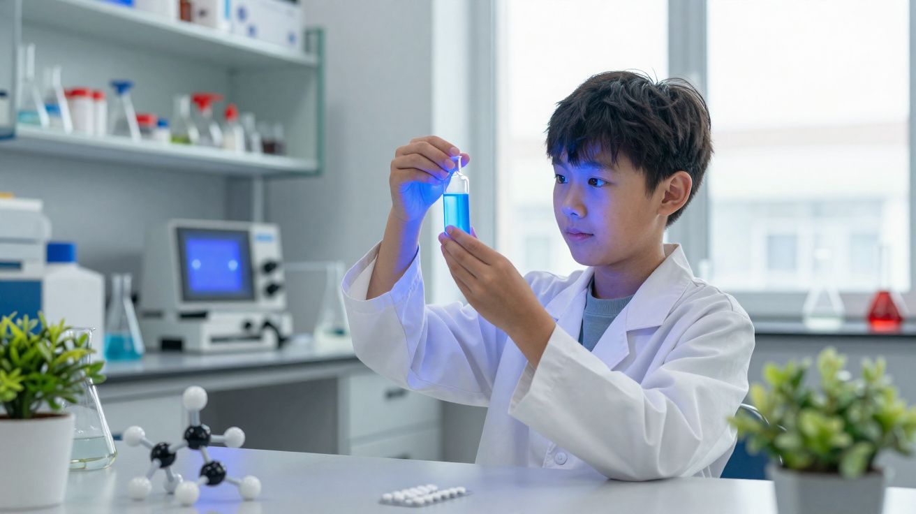 Criança com bata branca a observar um tubo de ensaio com líquido azul num laboratório científico.
