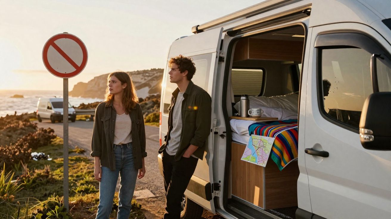 Casal ao lado de autocaravana branca com porta aberta numa estrada costeira ao pôr do sol.