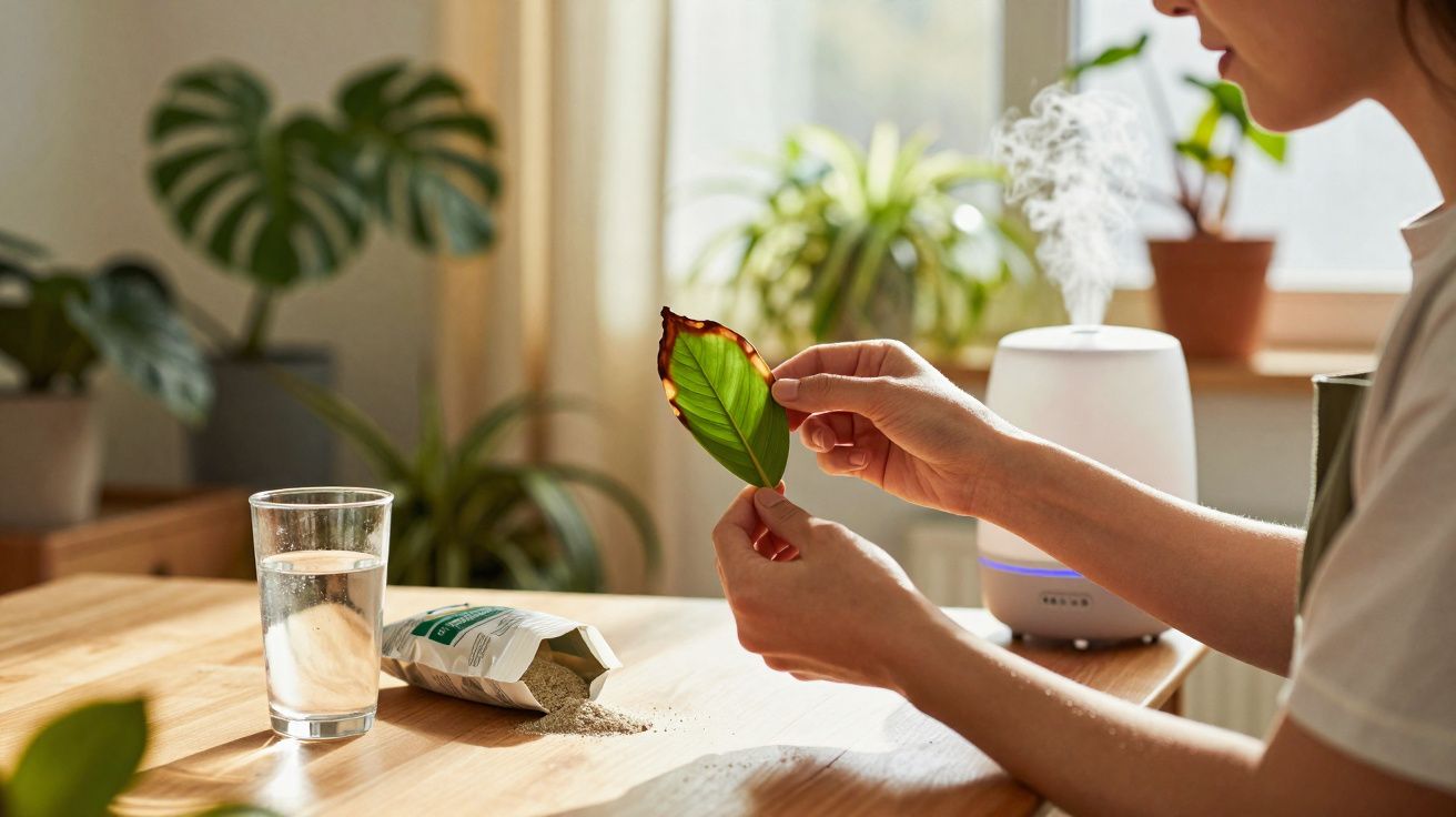 Pessoa a examinar uma folha danificada com plantas e difusor de aroma em ambiente acolhedor interior.