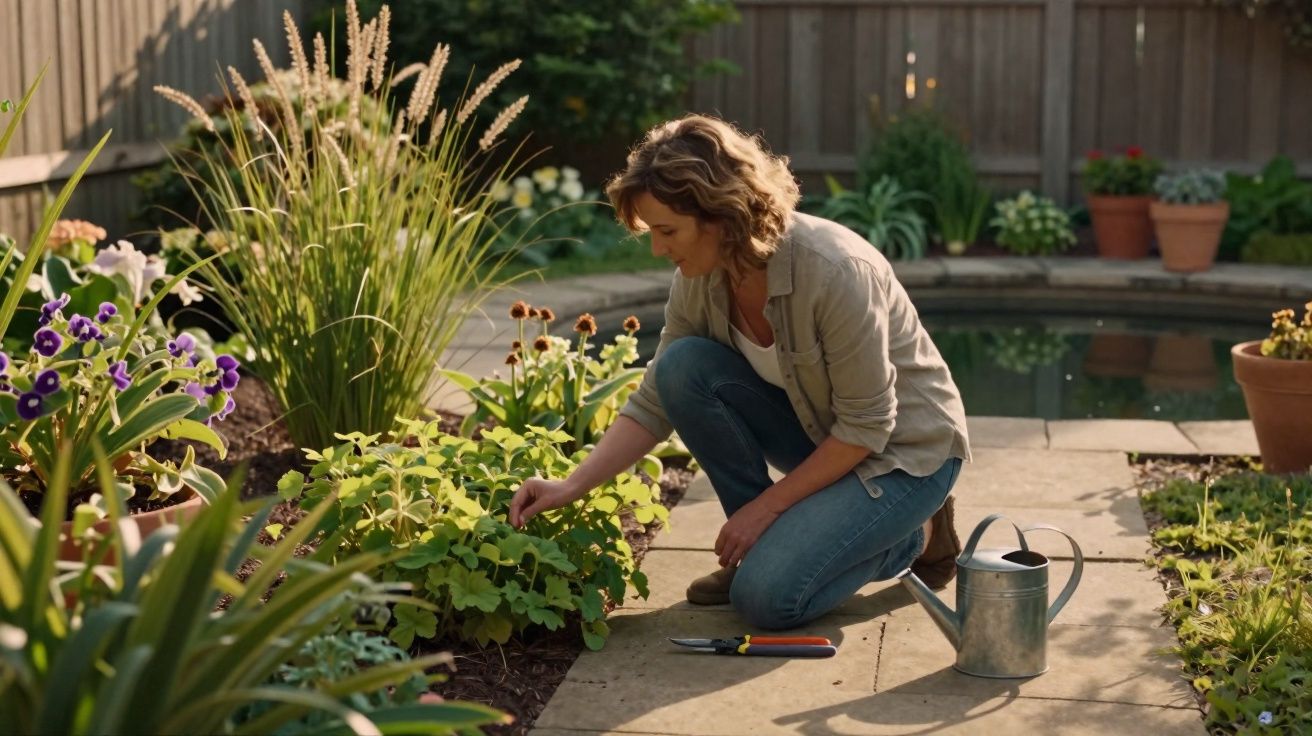Mulher a cuidar de plantas num jardim com regador e tesoura de poda ao lado.