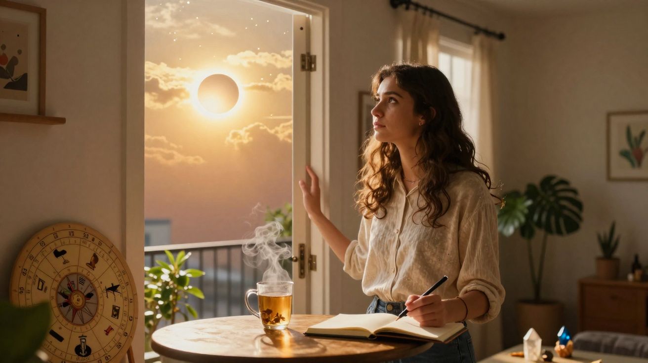 Mulher a escrever num caderno numa sala com chá quente, olhando para um eclipse solar visível através da porta aberta.