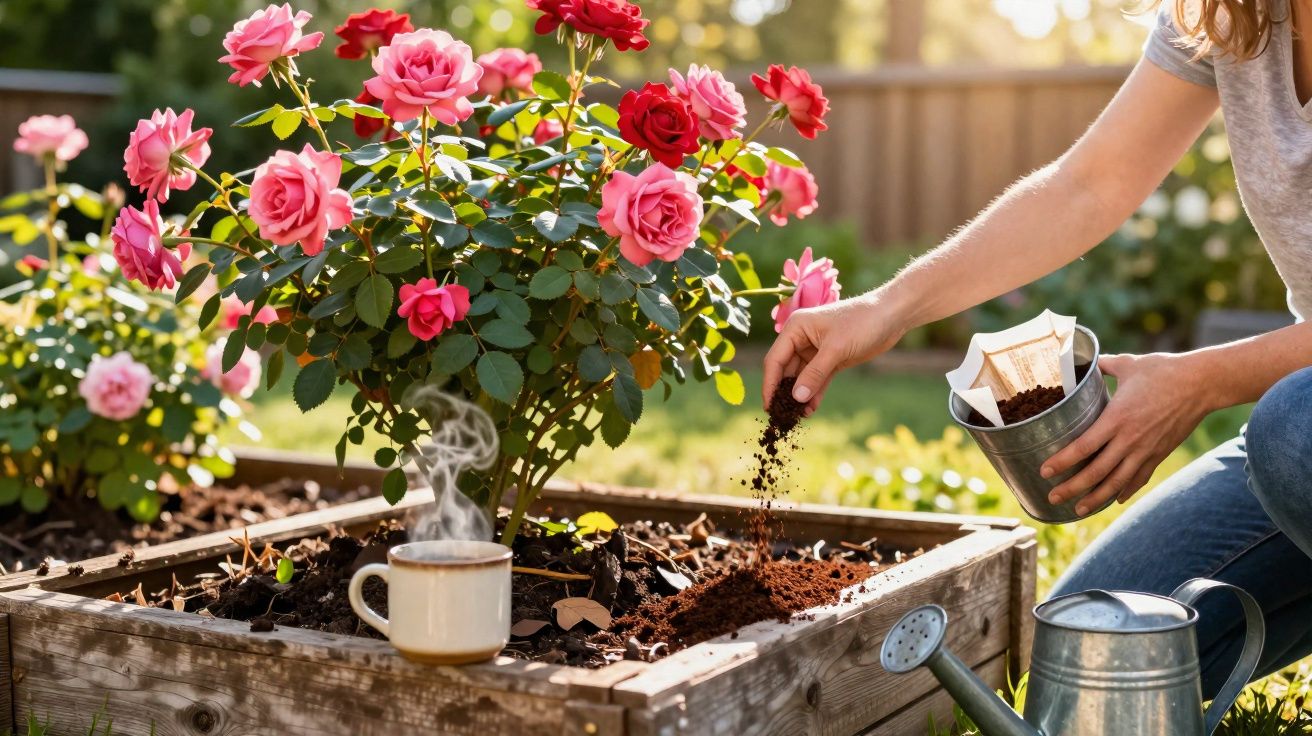 Pessoa a adubar terra numa floreira com rosas vermelhas e rosas ao ar livre num dia ensolarado.