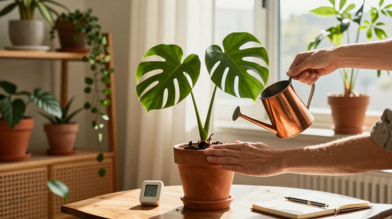 Pessoa a regar planta Monstera num vaso terraço em mesa de madeira junto a janela com luz natural.