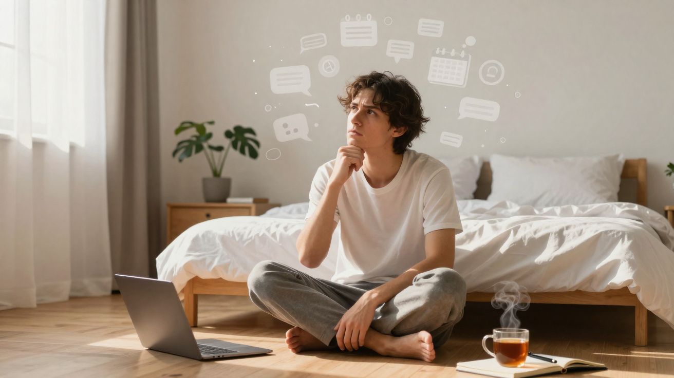 Homem sentado no chão do quarto a pensar, com laptop aberto e chá sobre uma mesa baixa.