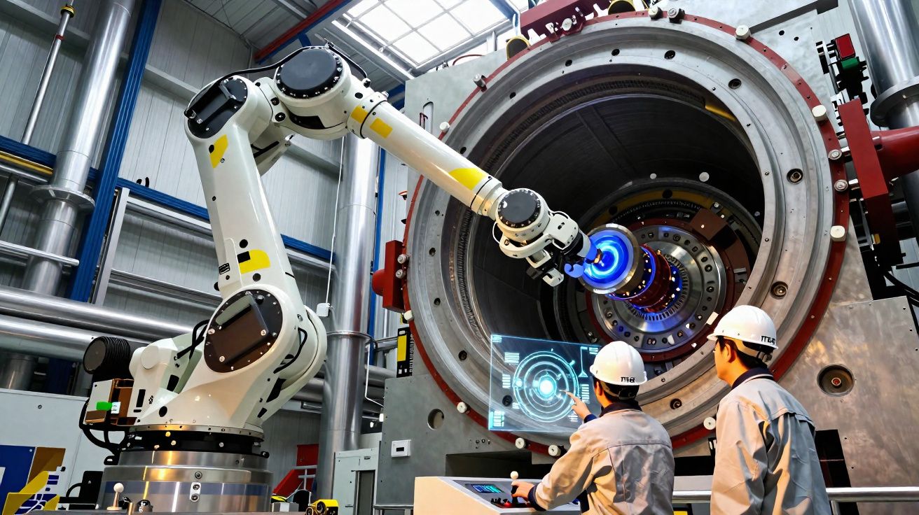 Dois técnicos operam um braço robótico que inspeciona o interior de uma máquina industrial circular.