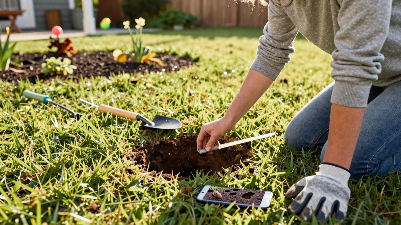 Pessoa a plantar uma semente num buraco na relva, com ferramentas de jardim e telemóvel ao lado.