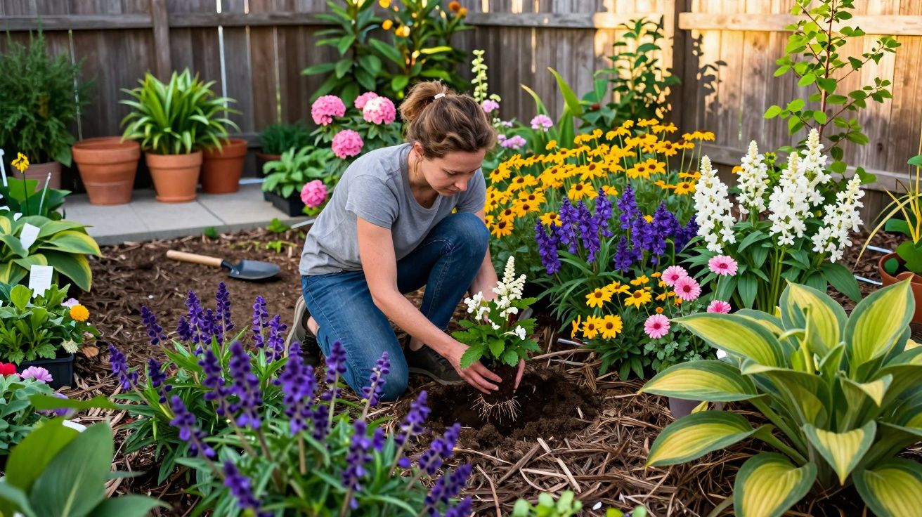 Mulher a plantar flores brancas num jardim com várias flores coloridas e plantas em vaso.