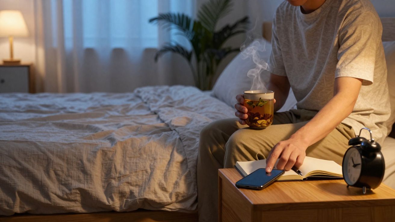 Pessoa sentada na cama a segurar chá quente e a usar telemóvel numa mesa de cabeceira com relógio e caderno.