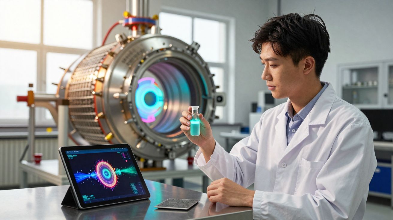 Cientista a analisar frasco com líquido azul num laboratório com equipamento tecnológico avançado.