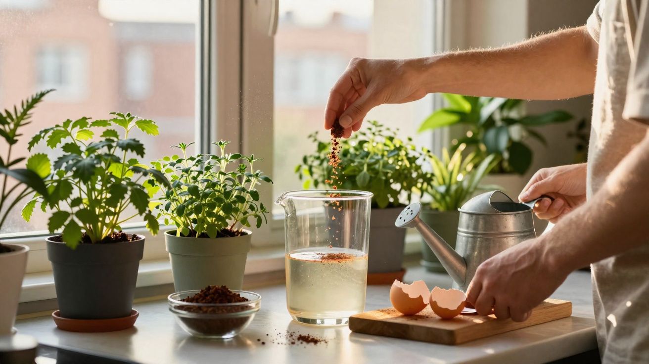 Pessoa a adicionar fertilizante líquido a água para regar plantas aromáticas junto a uma janela iluminada.