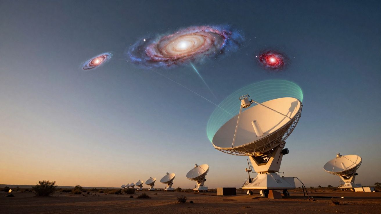 Antenas parabólicas no deserto a captar sinais visuais de galáxias no céu ao pôr do sol.
