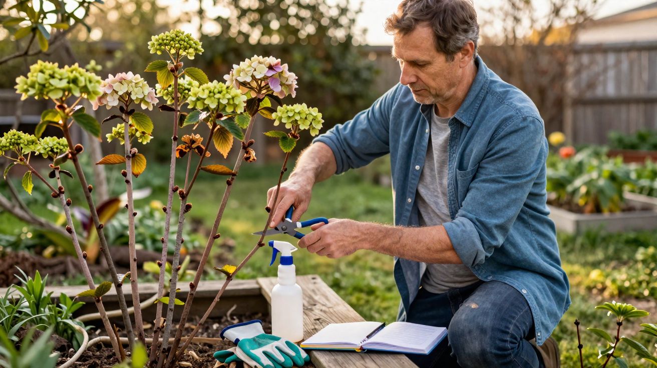 Homem a podar plantas num jardim com luvas e livro aberto ao lado numa tarde ensolarada.
