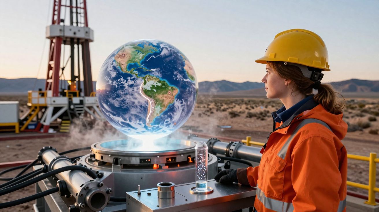 Mulher com capacete amarelo e casaco laranja observa globo terrestre holográfico numa estação industrial ao ar livre.