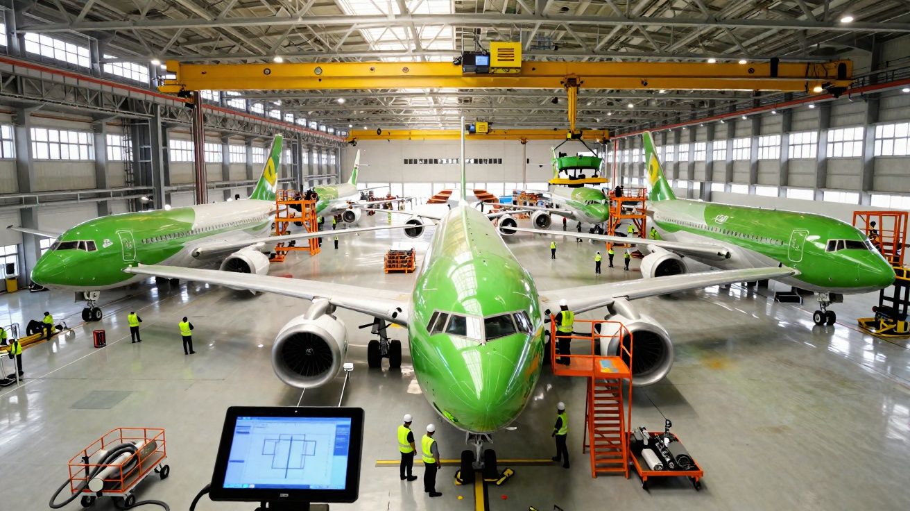 Aviões verdes em manutenção dentro de um hangar amplo com técnicos em coletes refletivos.