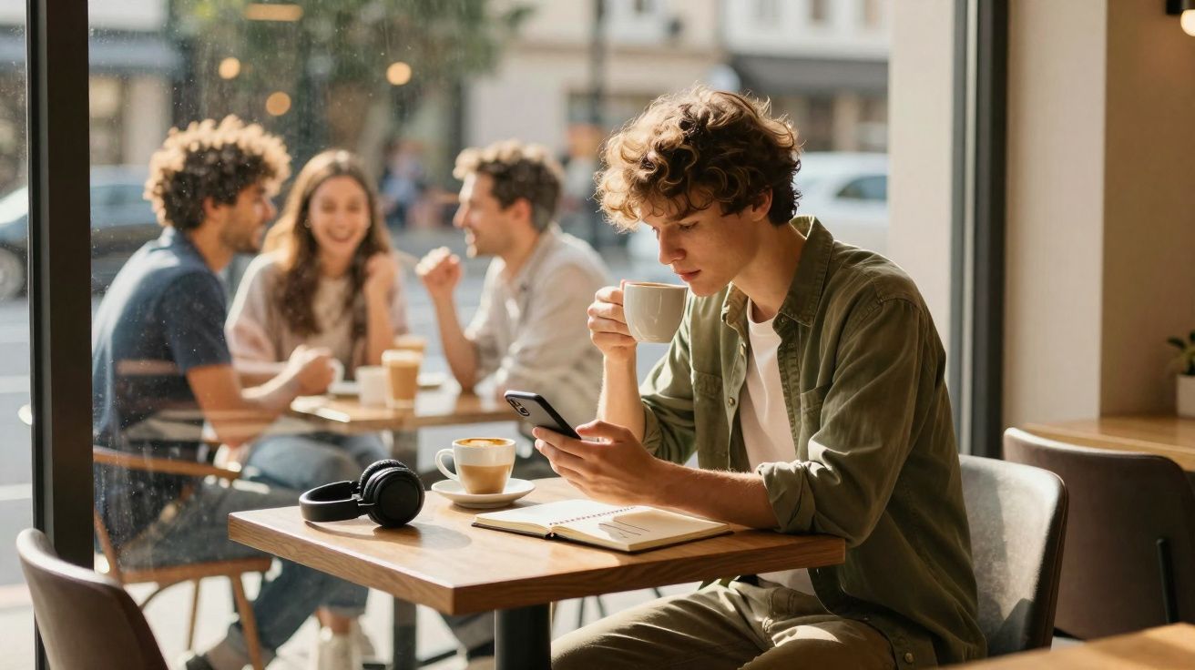 Jovem sentado sozinho numa cafetaria, a beber café e a olhar para o telemóvel, com grupo de amigos ao fundo.