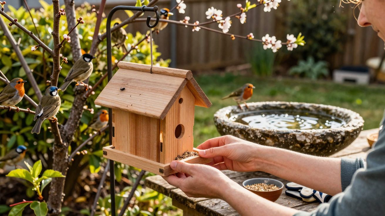 Pessoa a colocar comida num comedouro de madeira para vários passarinhos num jardim com flores de primavera.