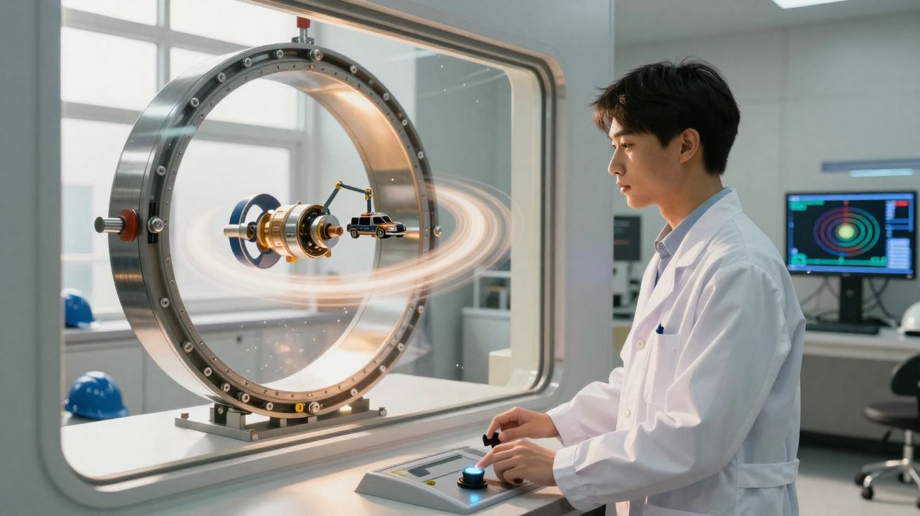 Cientista a controlar modelo mecânico futurista com anel metálico e carros em laboratório.