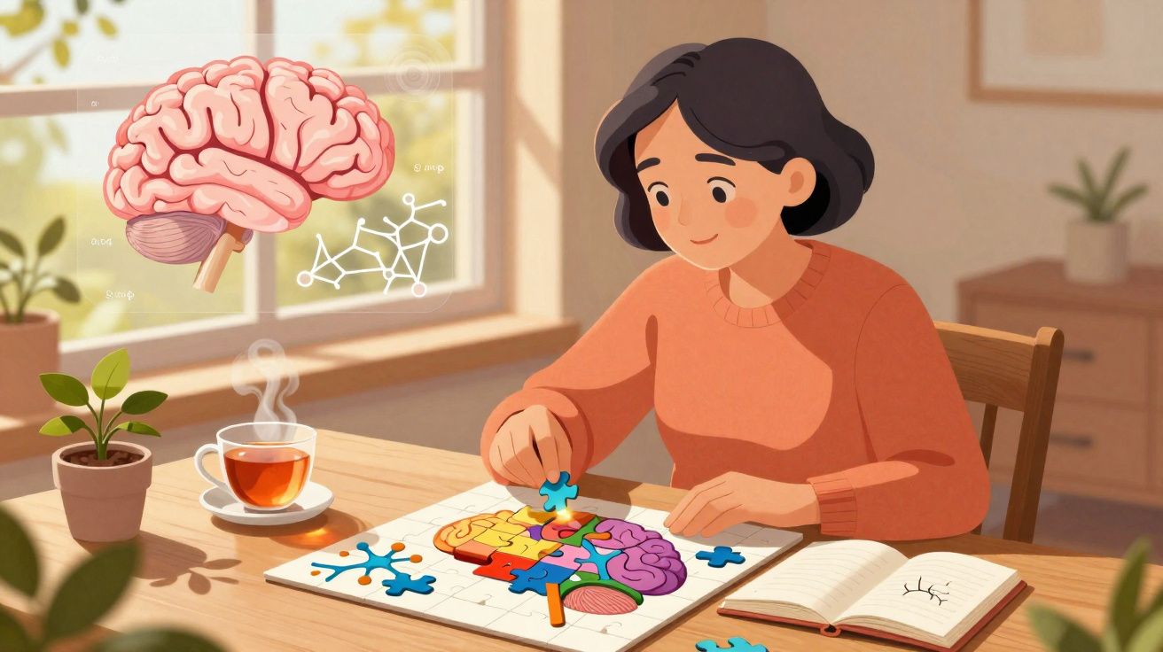 Mulher a montar puzzle de cérebro numa mesa com chá, planta e livro, numa sala iluminada.