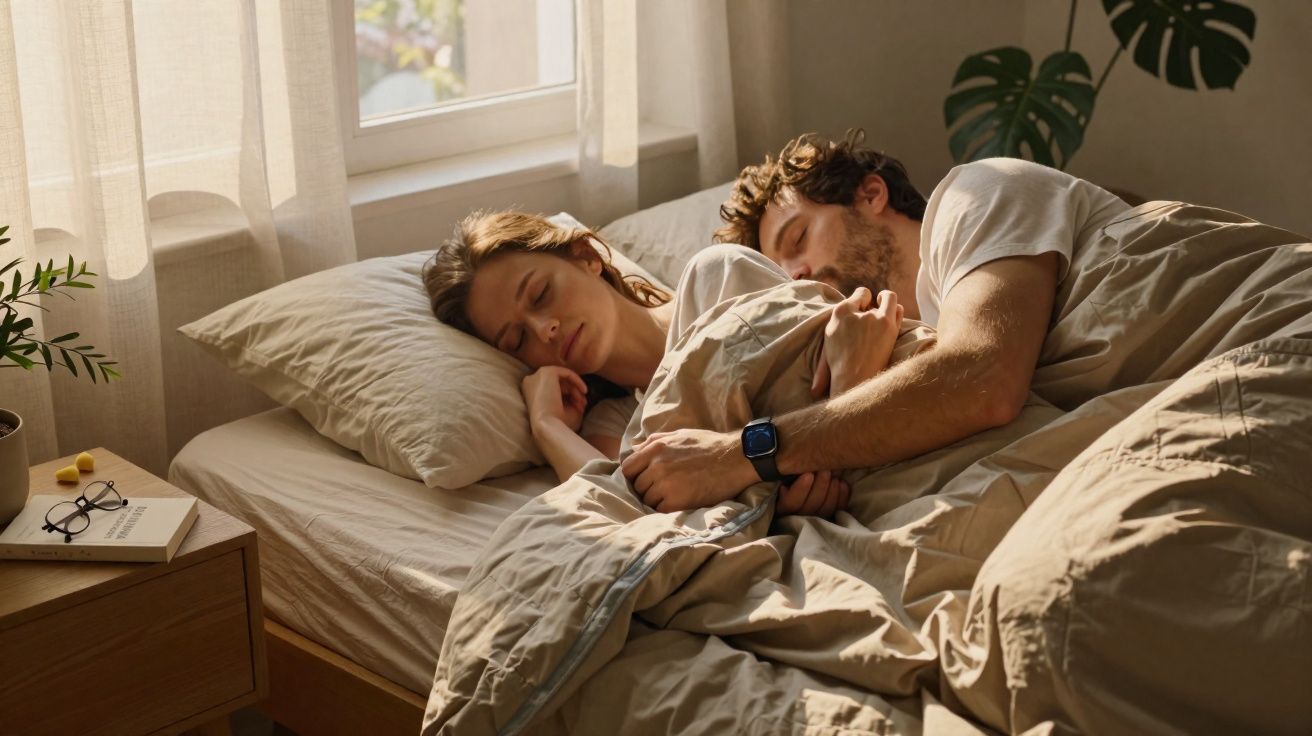 Casal a dormir abraçado de manhã numa cama com luz natural a entrar pela janela.