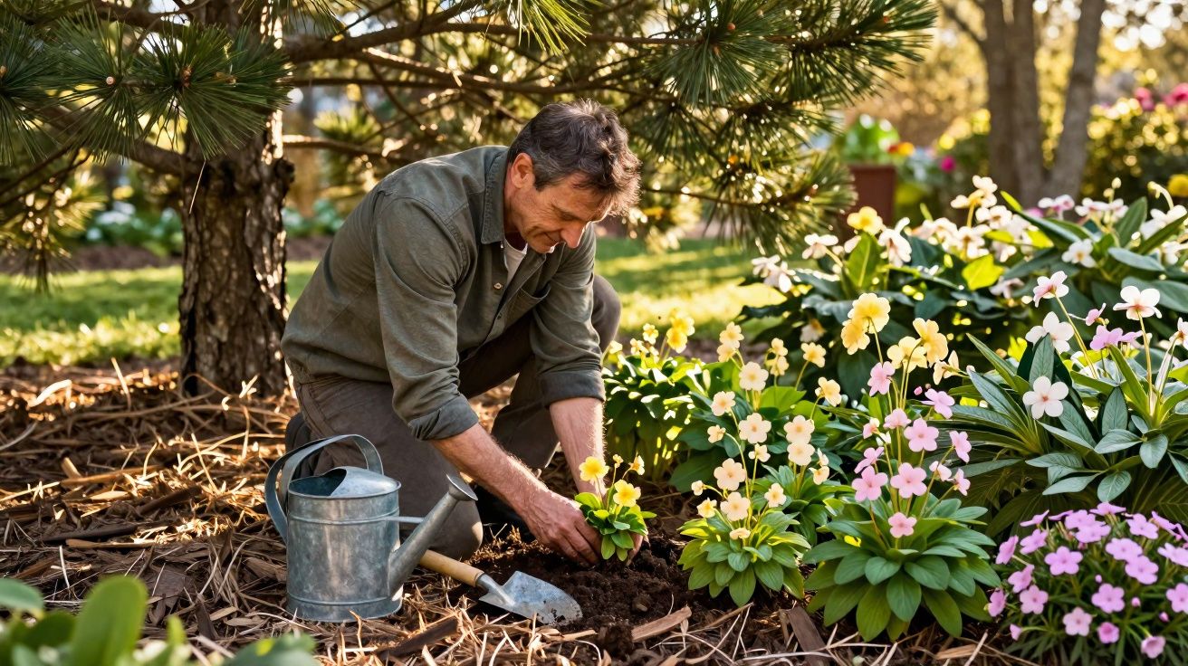 Homem a plantar flores amarelas num jardim soalheiro com regador e enxada ao lado.