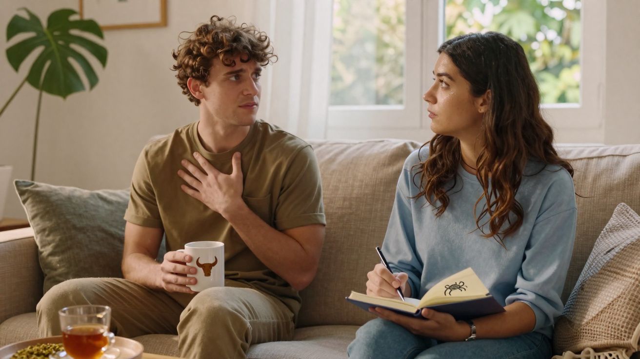 Dois jovens sentados no sofá, ela com caderno a escrever e ele com caneca na mão, ambos a conversar sério.