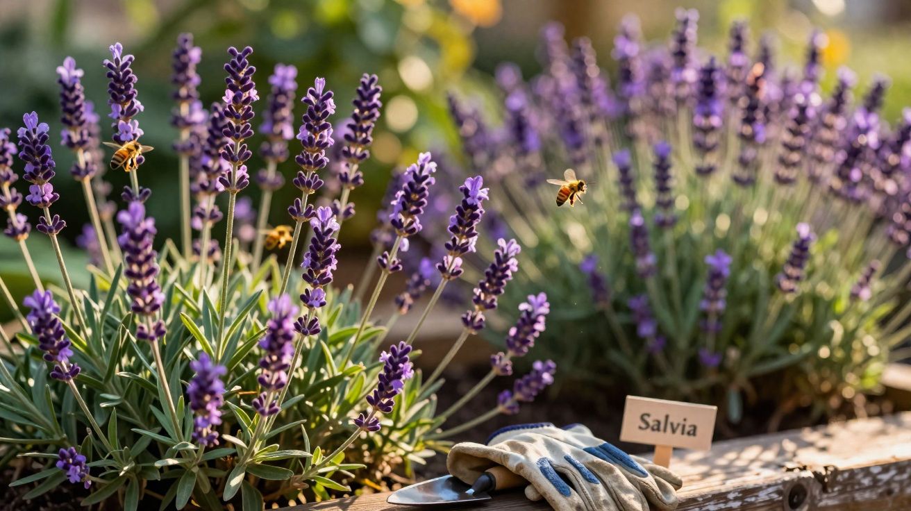 Abelhas a sobrevoar flores de salva roxas num jardim com luvas e pequena pá de jardinagem.