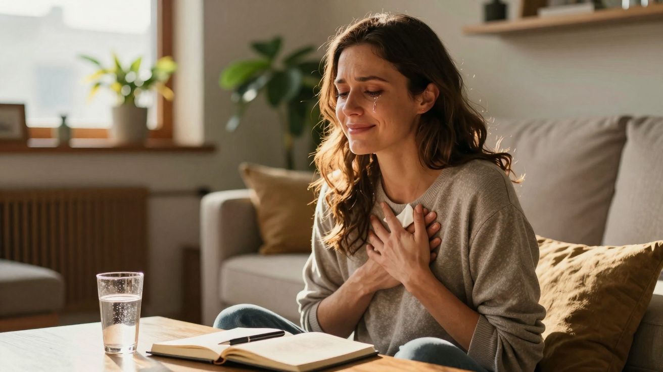 Mulher sorridente emocionada com lágrimas nos olhos, sentada no sofá com mãos no peito e diário aberto à frente.