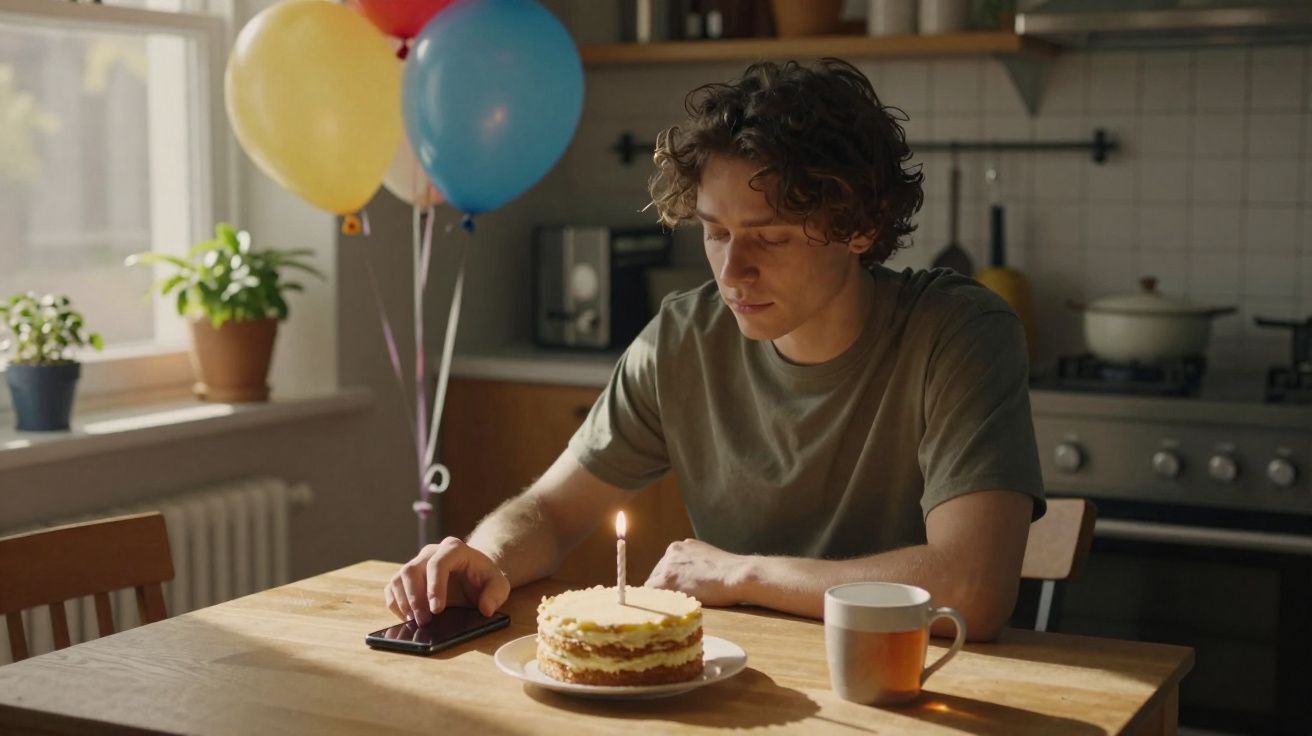 Jovem sentado a soltar ar de aniversariante com bolo pequeno e vela acesa numa cozinha com balões coloridos.