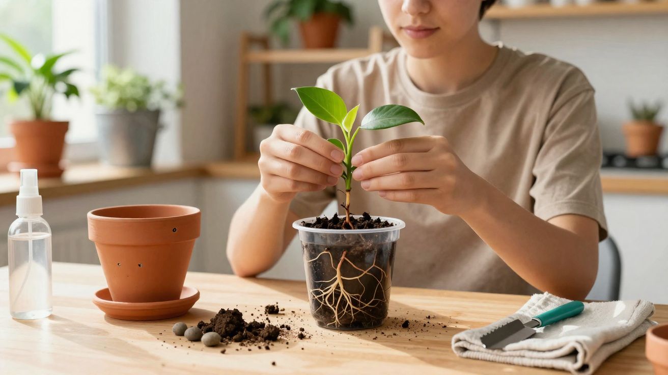 Pessoa transplantando planta jovem de vaso de plástico para vaso de barro num ambiente doméstico iluminado.