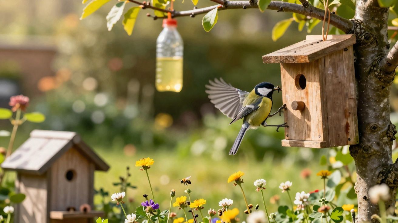 Pássaro em voo próximo a uma casinha de madeira numa árvore, com flores coloridas ao fundo.