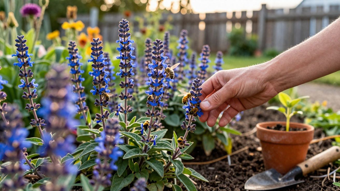 Mão colhendo flores azuis num jardim com várias abelhas a explorar as flores ao entardecer.