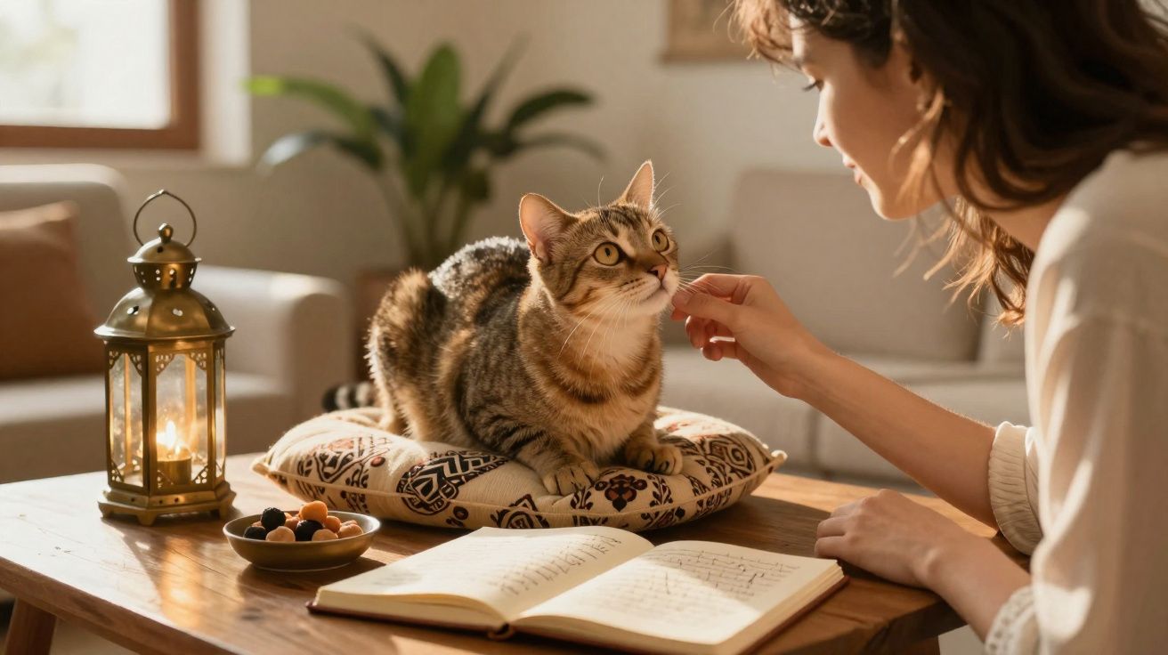 Mulher acariciando gato que está sentado numa almofada sobre mesa com livro aberto e lanterna acesa.