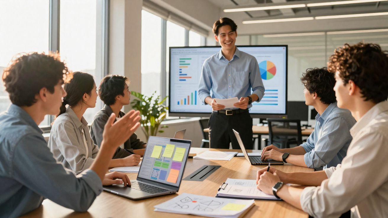 Reunião de trabalho com cinco jovens, um a apresentar dados em gráfico numa sala moderna e iluminada.