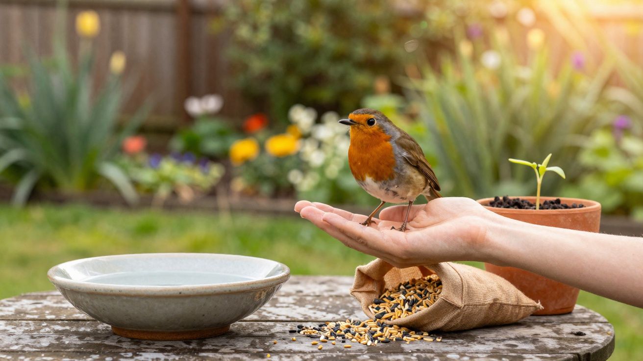 Pássaro com peito laranja pousado na mão de uma pessoa junto a saco de sementes e vaso com planta.