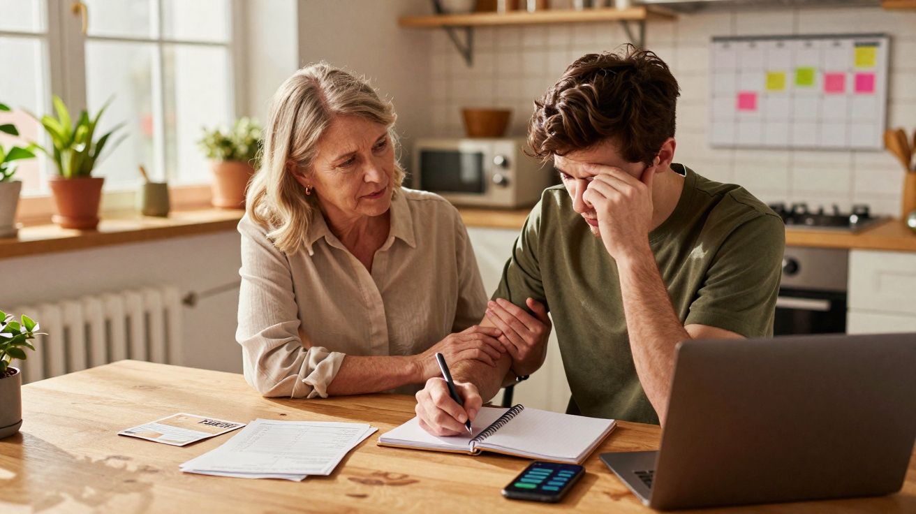 Mulher mais velha consola homem jovem preocupado sentado à mesa com documentos e computador portátil.