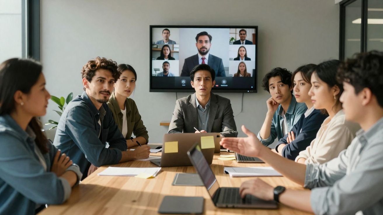 Grupo diversificado de pessoas em reunião presencial e virtual, com laptops e videoconferência na sala de reuniões.