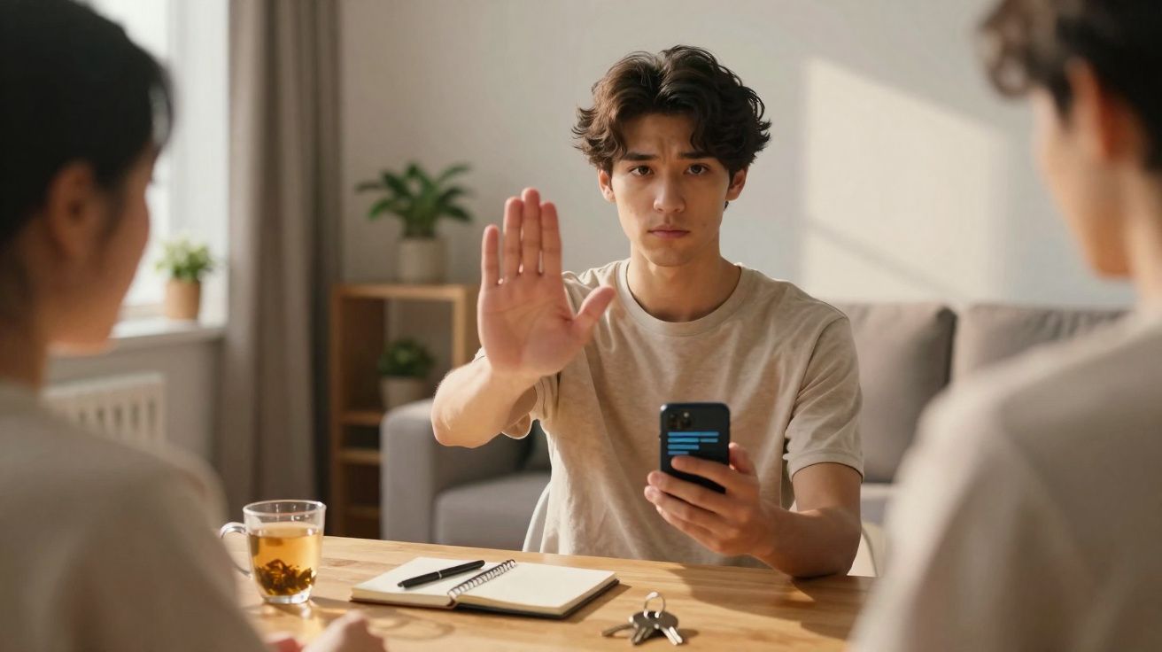 Homem jovem mostra a palma da mão em sinal de paragem durante conversa com duas pessoas à sua frente.