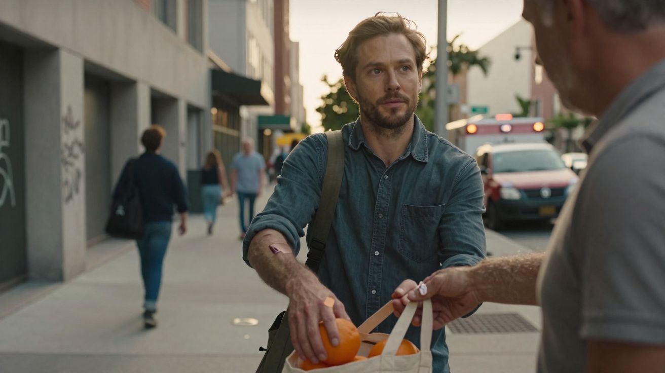 Homem com camisa azul entrega sacola com laranjas a outra pessoa numa rua urbana.