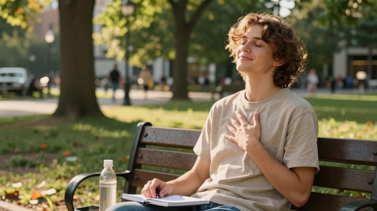 Jovem sentado num banco de parque, com os olhos fechados e a mão no peito, expressando gratidão.