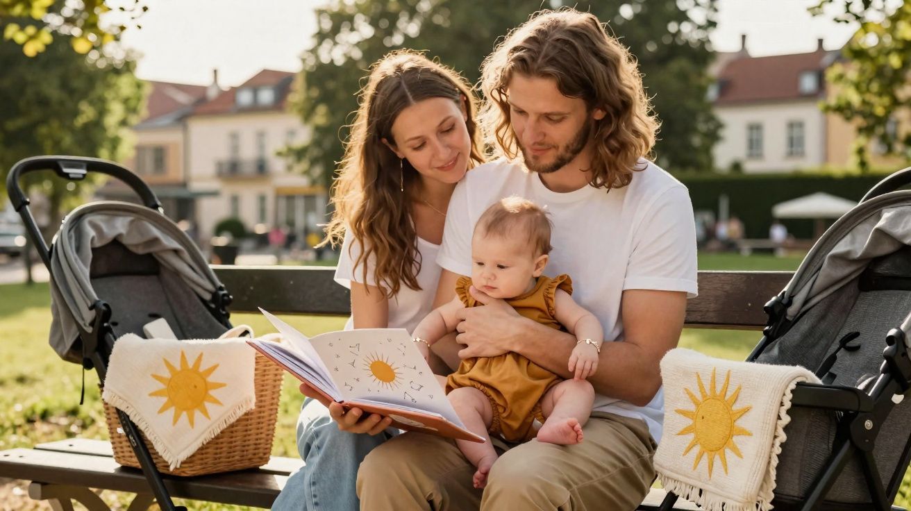 Família sentada num banco de jardim a ler um livro para o bebé entre dois carrinhos de bebé.