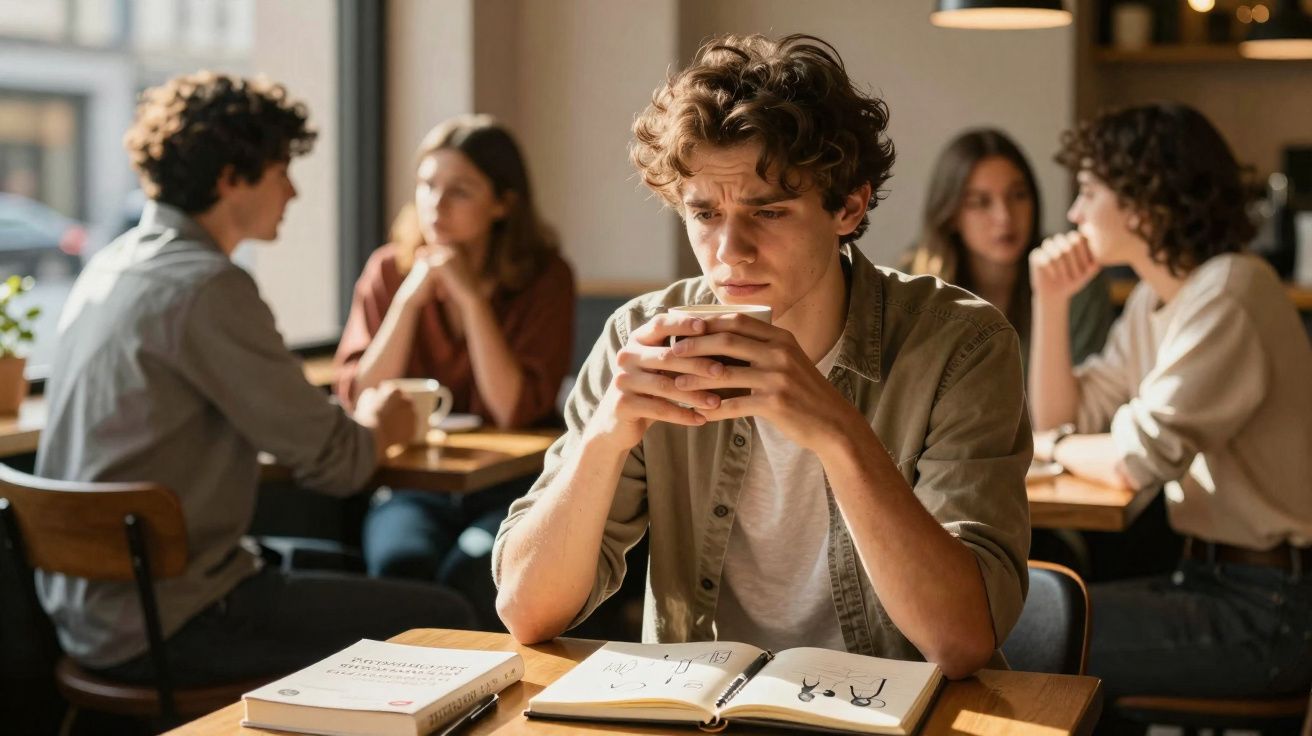 Jovem sentado numa mesa de café, pensativo, com livro aberto à frente e grupo de pessoas ao fundo conversando.