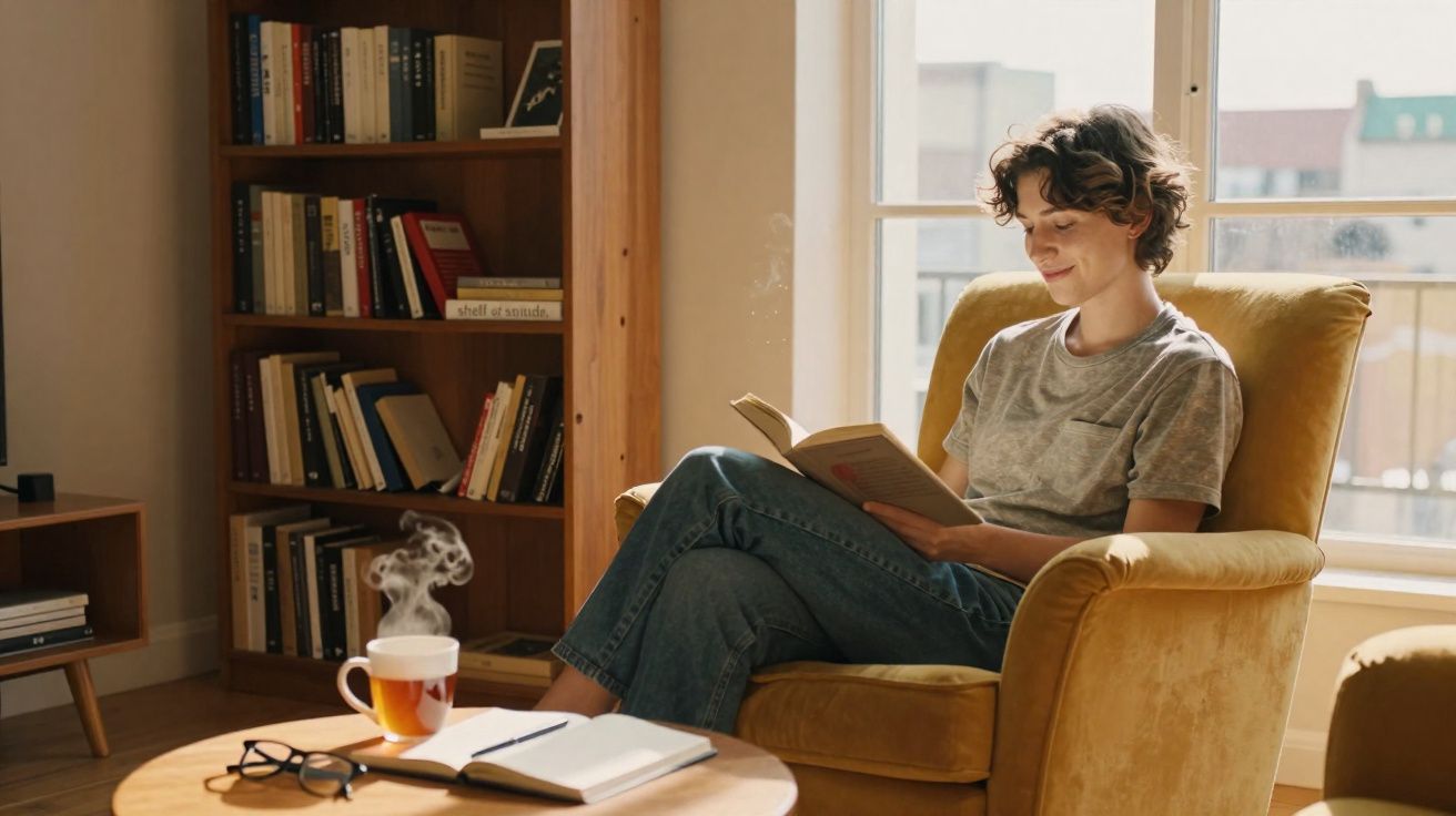 Pessoa sentada numa poltrona amarela a ler um livro, com mesa, chá e estante cheia de livros ao fundo.