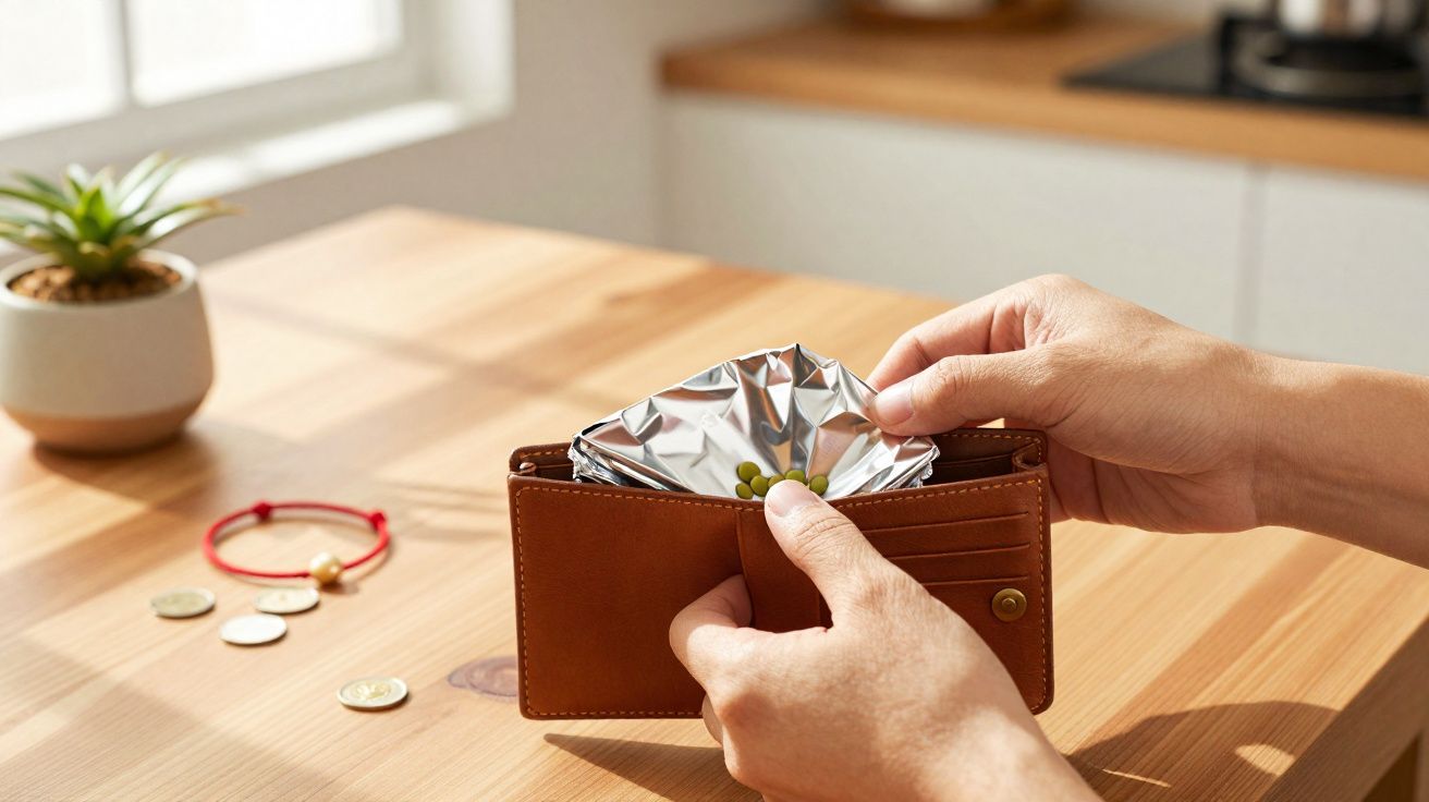 Pessoa a colocar saquinho de ervilhas num porta-moedas castanho sobre mesa de madeira clara.